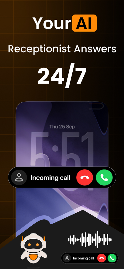 Temp Number - Temphone - Temphone App-Oberfläche, die die KI-Rezeptionistenfunktion zeigt, die 24/7 eingehende Anrufe entgegennimmt.