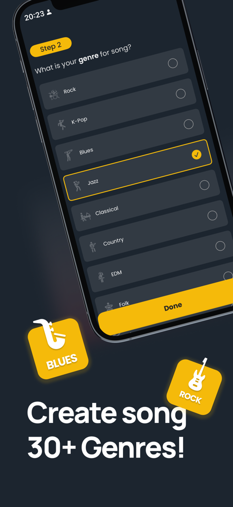 Mobile app interface showing music genre selection for AI song creation including Jazz and Rock.