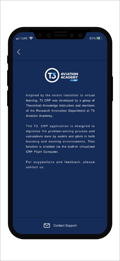 Pantalla de introducción de la aplicación T3 CRP 5 explicando el computador de vuelo virtualizado para cadetes de aviación