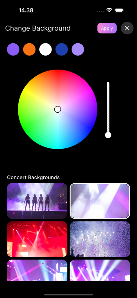 Light Stick Creator - Background customization screen in the Light Stick Creator app showing a color wheel and various concert stage themes.