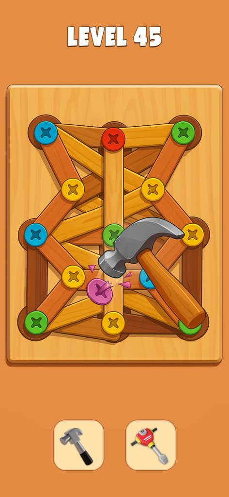 Nuts & Bolts Screw Jam Game - Nuts and Bolts Screw Jam level 45 screen showing a hammer tool used on a mechanical wood and screw puzzle