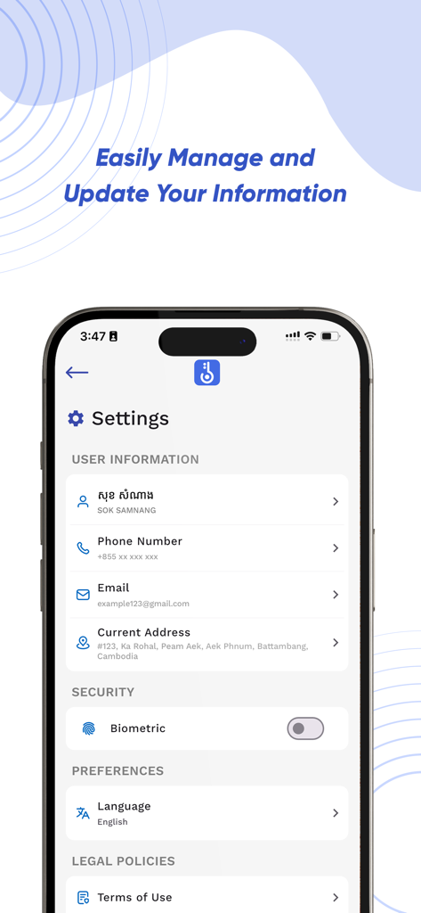 CamDigiKey - The settings screen of the CamDigiKey app showing user information, biometric security, and language preferences.