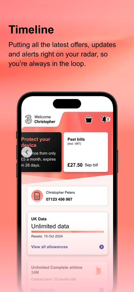 Dashboard dell'app mobile Three che mostra la timeline dell'utente con informazioni di fatturazione e utilizzo illimitato dei dati.