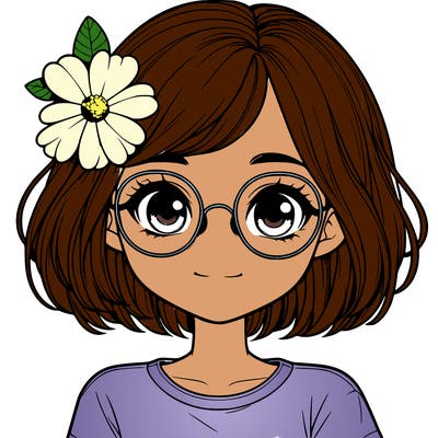 realistic girl with glasses, short hair and a flower in her hair