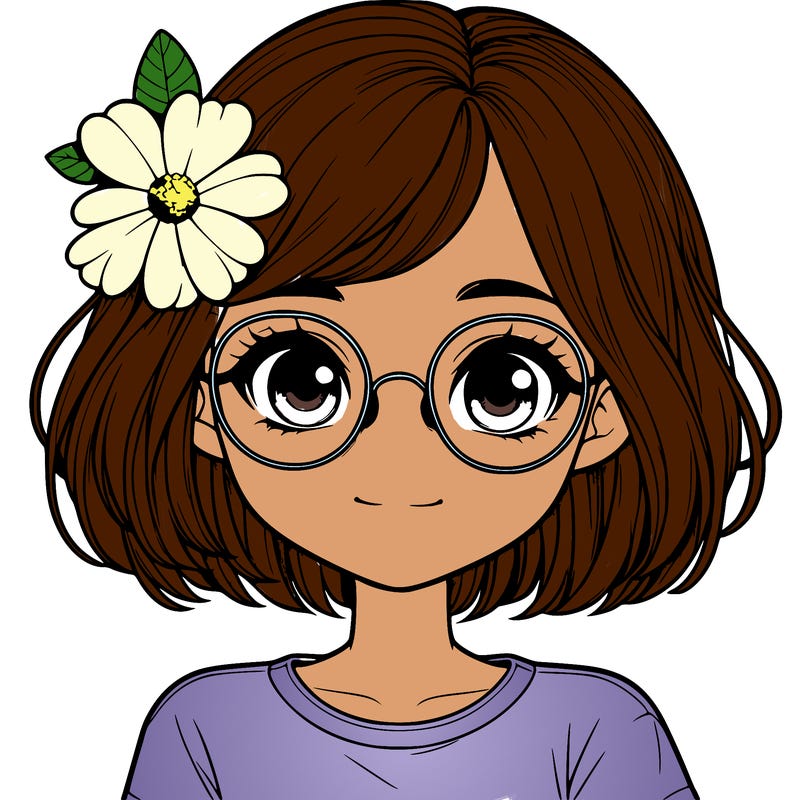 realistic girl with glasses, short hair and a flower in her hair