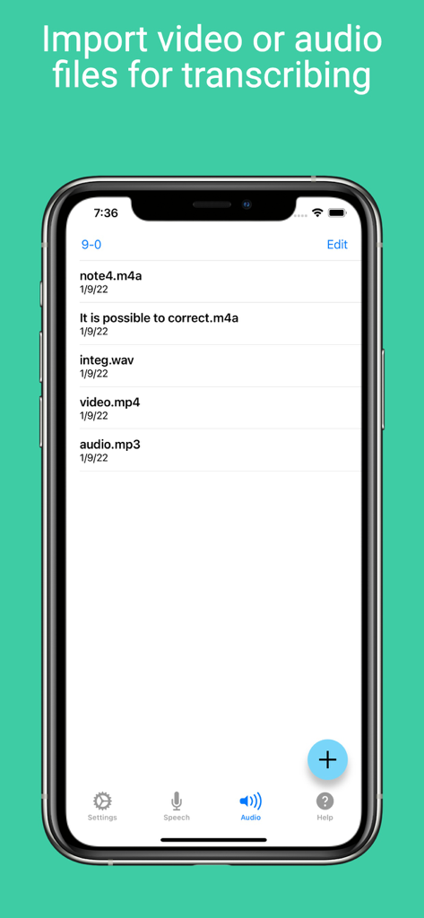 Voice Notebook - audio to text - Una lista de archivos de audio y video importados listos para transcribir dentro de la interfaz de la aplicación Voice Notebook.