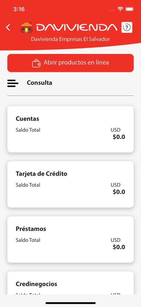 Pyme Davivienda - Painel do aplicativo de mobile banking Pyme Davivienda mostrando saldos de contas para cartões e empréstimos
