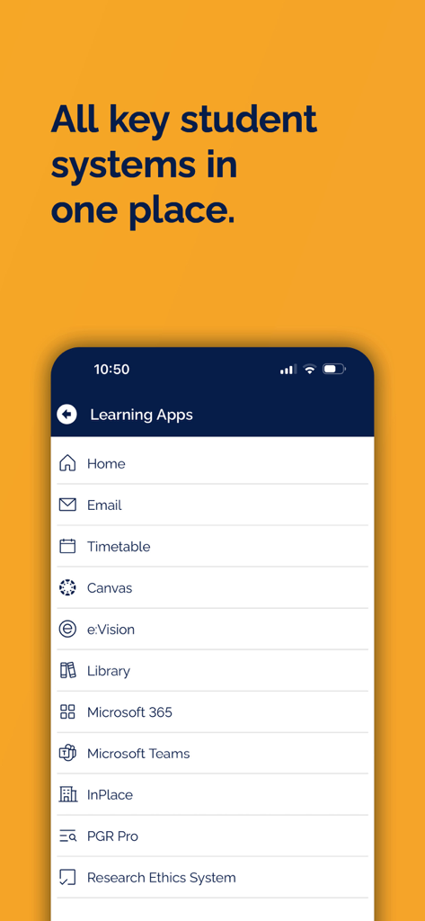 Die ARU-Mobil-App zeigt eine Liste integrierter Studentensysteme wie E-Mail, Stundenplan und Canvas an einem Ort
