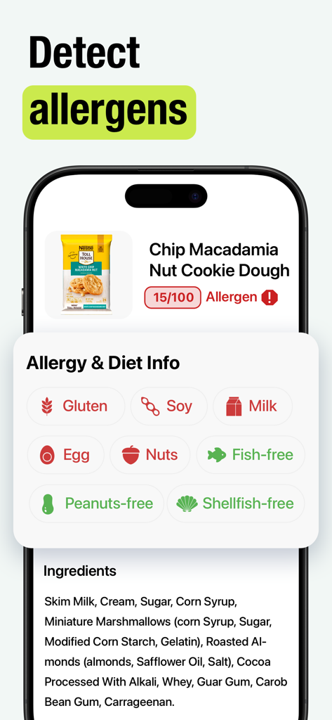 Interface do aplicativo OnFork mostrando detecção de alérgenos e informações dietéticas para um produto alimentar escaneado.
