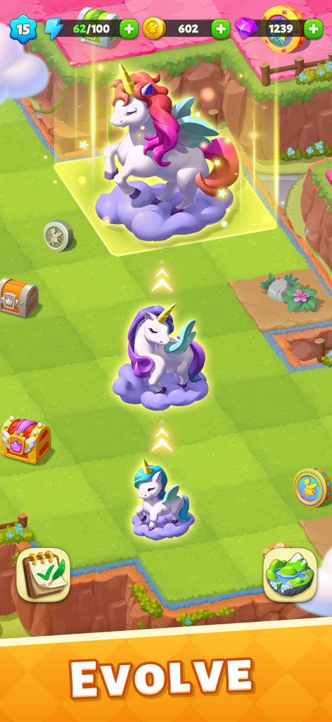 Panthia®: Magic & Merge Game - 緑のグリッド上で3段階に進化する魔法のユニコーンペットと、進化という言葉が表示されたゲーム画面