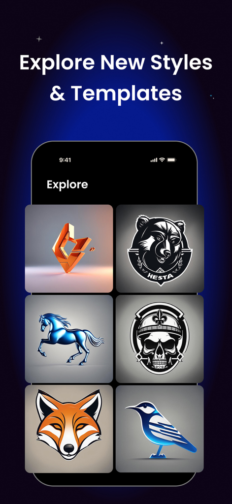 동물 및 기하학적 모양을 포함한 다양한 AI 생성 로고 스타일 및 템플릿을 표시하는 iPhone 화면