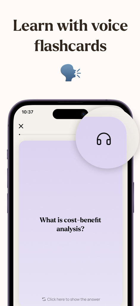 Quiztr - Revision Sheets - Schermata dello smartphone che mostra una flashcard vocale con una domanda sull'analisi costi-benefici nell'app Quiztr