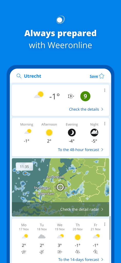 Screenshot of the Weeronline weather app showing a detailed forecast and rain radar for Utrecht
