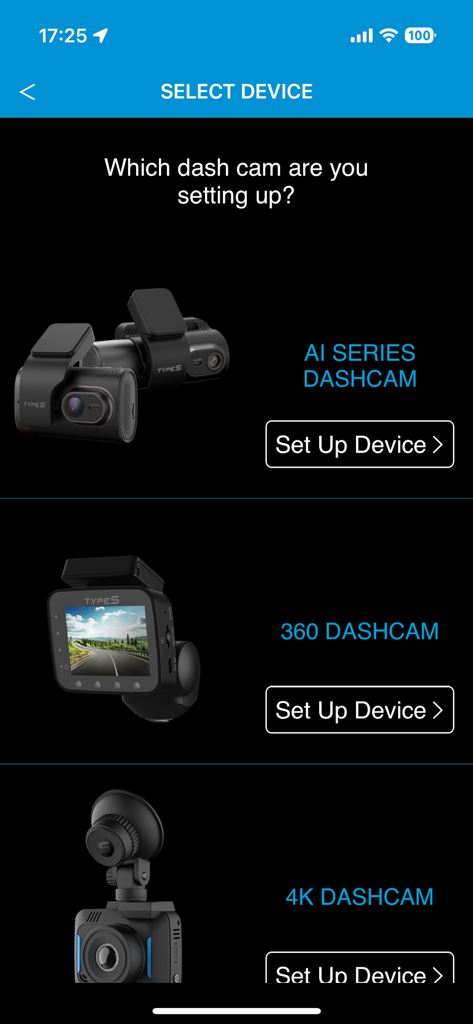 Screen in the TYPE S Drive app showing options to select and set up AI Series 360 or 4K dash cams