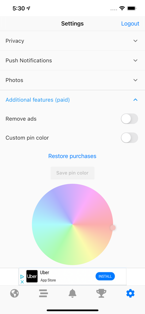 Poop Map - Pin and Track - Pantalla de configuración de la aplicación Poop Map que muestra características adicionales como la eliminación de anuncios y una rueda de colores para la personalización de pines