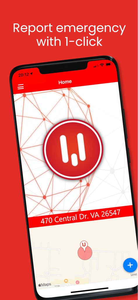SayVU Personal & Public Safety - SayVU personal safety app interface showing the one click emergency report button and location map