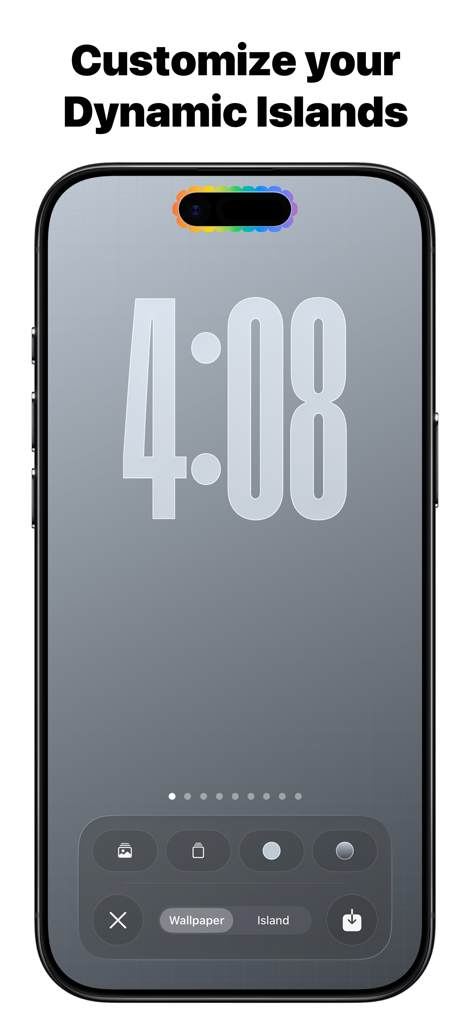 Custom Notch & Dynamic Island - An iPhone screen showing a custom rainbow border around the Dynamic Island with a large digital clock and grey grid wallpaper