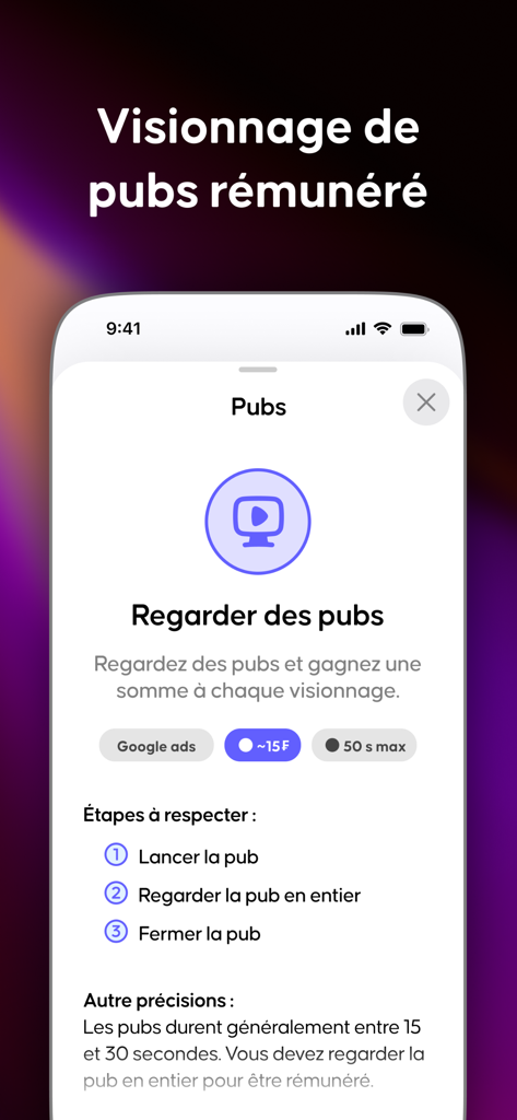 Winix - Winix app interface showing the steps to earn rewards by watching advertisements
