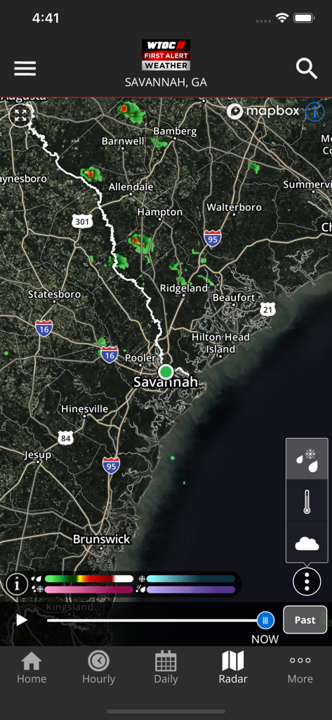 A high-resolution weather radar map of Savannah and the surrounding Coastal Empire and Lowcountry regions within the WTOC First Alert app.