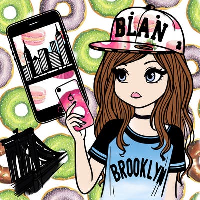 girl with brooklyn shirt la cap and phone