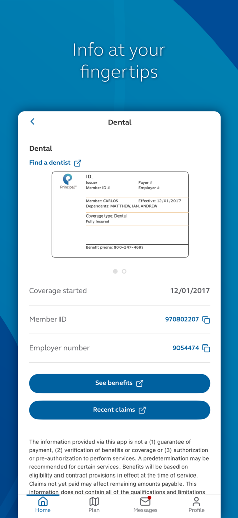 Principal app screen displaying a digital dental insurance ID card and plan coverage details.