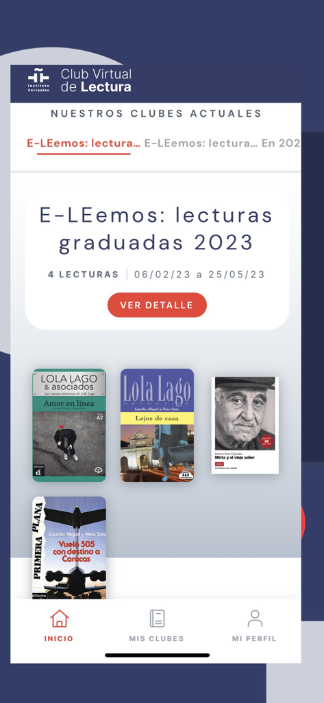 Clubes virtuales IC (oficial) - Home screen of the Instituto Cervantes Virtual Reading Club app featuring current graded Spanish books for learners.