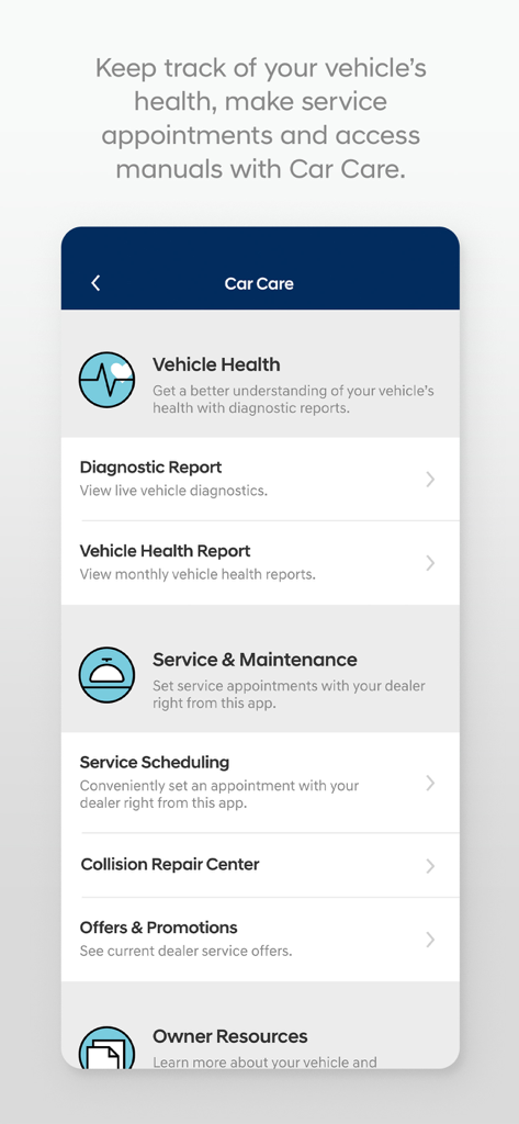 Car Care menu in the MyHyundai with Bluelink app showing vehicle health and service scheduling options