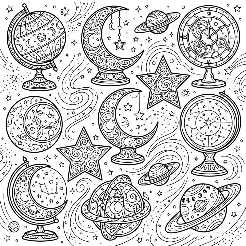 Dive into a universe of intricate designs with our Celestial Ornaments coloring page, featuring beautiful moons, stars, planets, and cosmic elements. This enchanting template offers a captivating escape for both adult and teen colorists to explore their artistic vision.