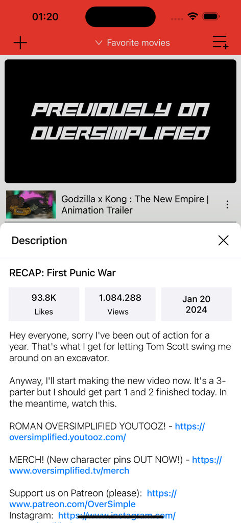 A mobile app interface for playing YouTube videos showing a video player and detailed video description with statistics