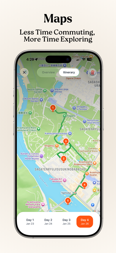 Roameo: Explore, Swipe, Go - A mobile phone displaying the Roameo app map interface with a numbered route-optimized itinerary for a group trip
