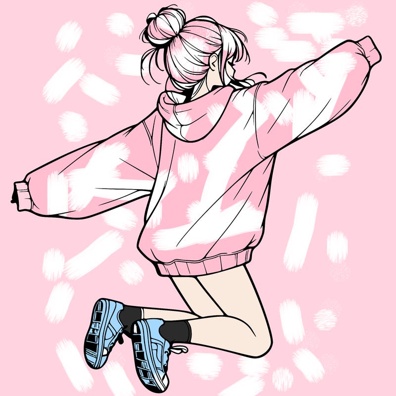 realistic girl jumping with a bun and oversized sweatshirt