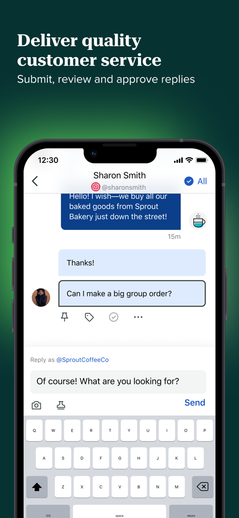 Sprout Social app interface showing a business professional replying to a customer message on social media