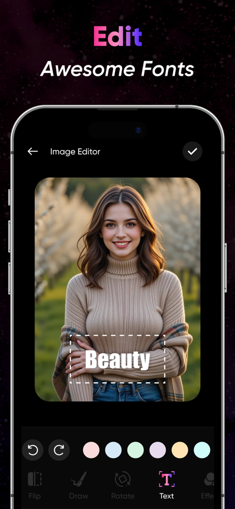 Captura de pantalla de la aplicación Mosaic Blur mostrando el editor de texto y la función de selección de fuentes en una foto de retrato