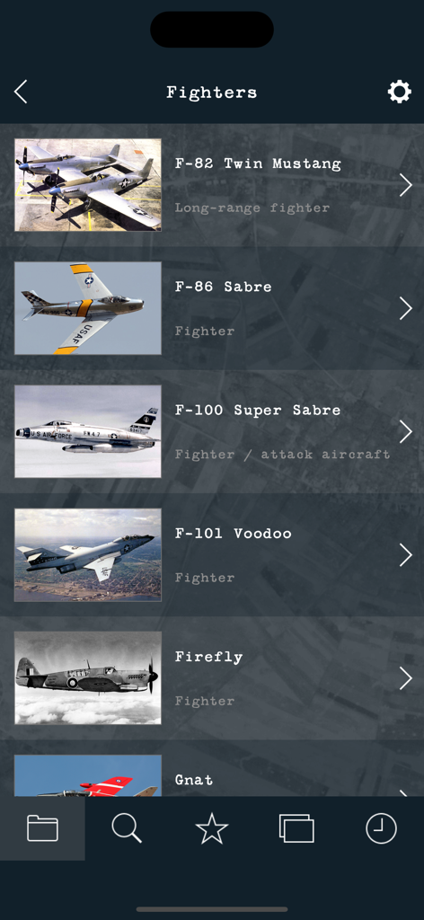 Cold War Military Aircraft - A list of historical fighter aircraft including the F-86 Sabre and F-100 Super Sabre in the app
