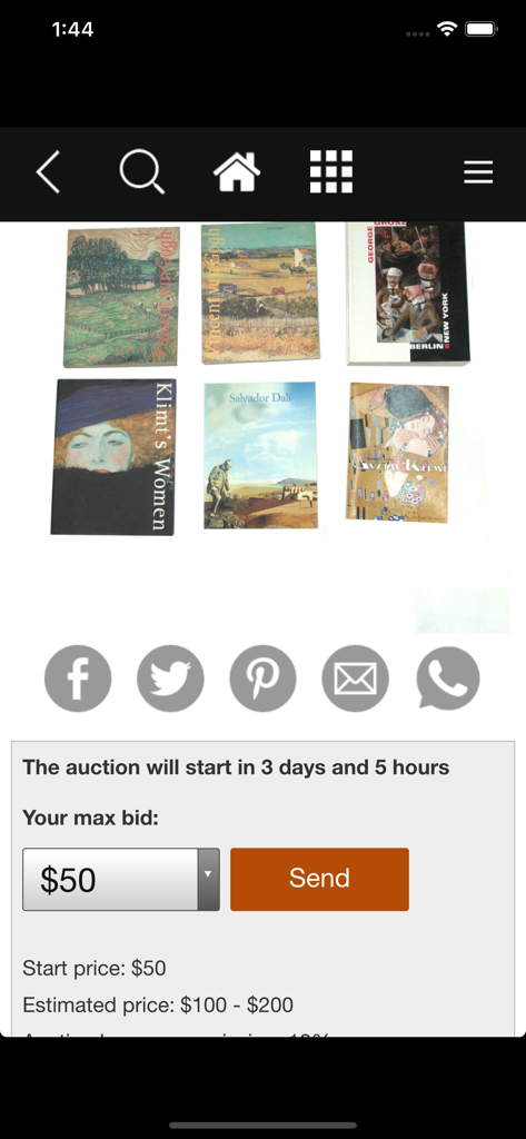 A mobile screen from the Bidspirit app showing an auction for art books with options to place a maximum bid