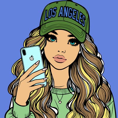 realistic beautiful girl wearing los ángeles cap holding an iphone