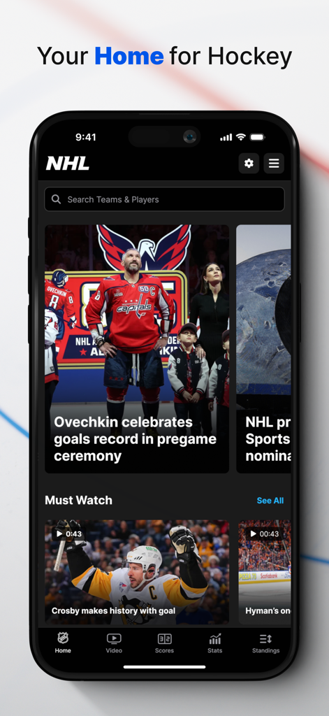 The home screen of the NHL app displaying hockey news and video highlights