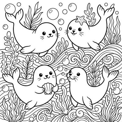 Immerse yourself in an ocean of cuteness with this delightful Kawaii Seals and Sea Lions coloring page. Featuring four charming marine mammals playing amongst seaweed and bubbles, it's perfect for a relaxing and fun coloring session.