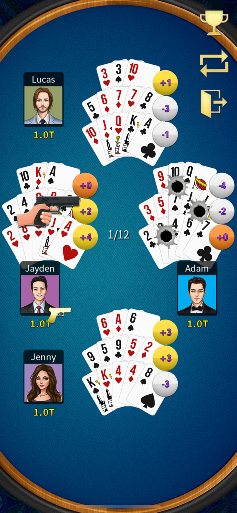 Cuatro jugadores compitiendo en una partida de póker de 13 cartas con burbujas de puntuación y avatares de jugadores en una mesa de póker digital.