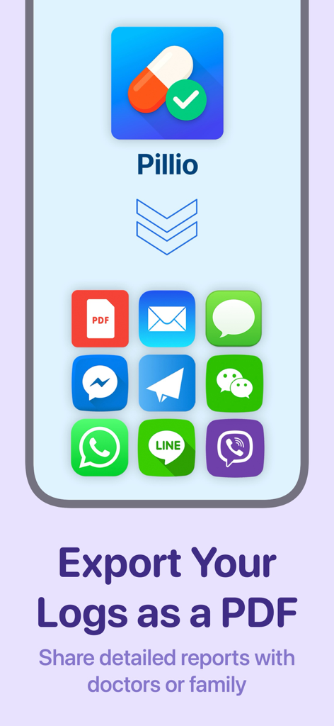 Pillio Pill Reminder & Tracker - Pillio app interface showing the option to export medication history logs as a PDF to share with doctors and family.