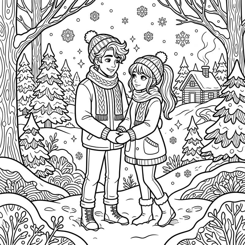 Capture the magic of winter with this delightful coloring page featuring two beloved fictional characters. Immerse yourself in a snowy landscape, perfect for a cozy creative session.