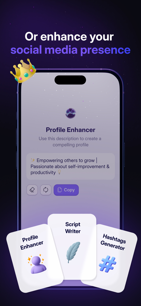 소셜 미디어 프로필 향상 스크립트 작성기 및 해시태그 생성기 도구를 보여주는 RiseGuide 앱 화면