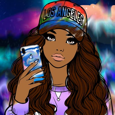 realistic beautiful girl wearing los ángeles cap holding an iphone