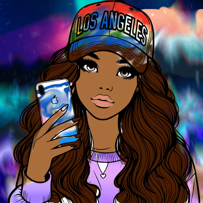 realistic beautiful girl wearing los ángeles cap holding an iphone