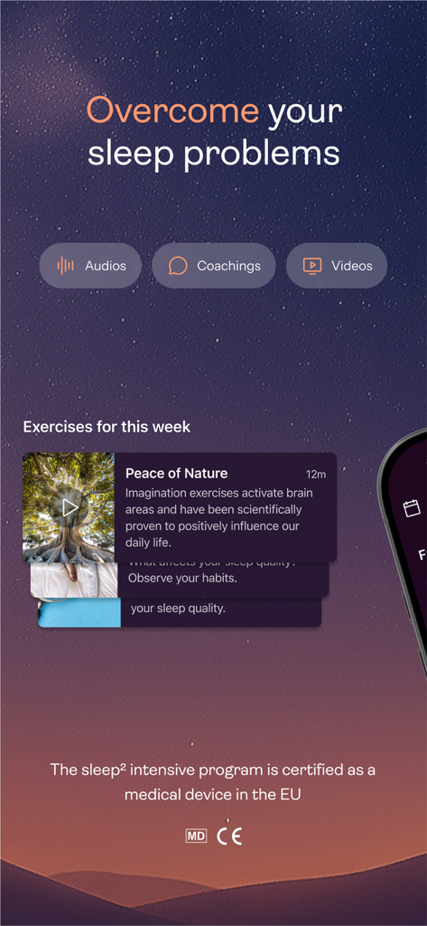 Interface of the sleep² app showing options for audios, coachings, and videos alongside an EU medical device certification notice.