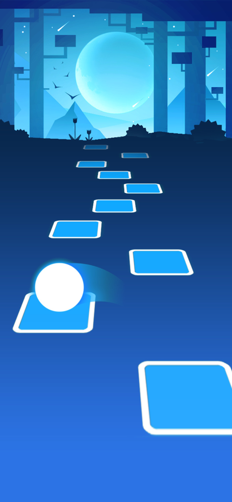 EDM HOP: Music Tiles Rush - A glowing white ball jumping on music tiles against a blue moonlit forest background in EDM HOP.
