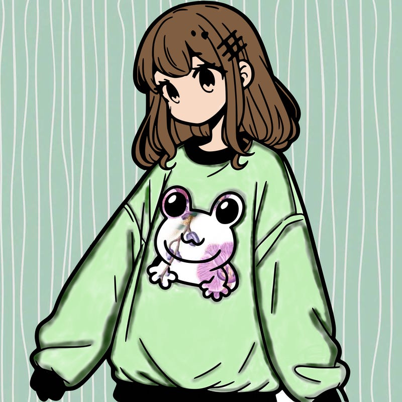 girl wearing frogging sweatshirt