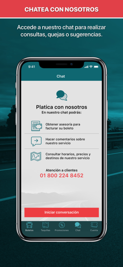 Pantalla de aplicación móvil que muestra la interfaz de chat de atención al cliente para los servicios de autobús de AVM-OVNIBUS
