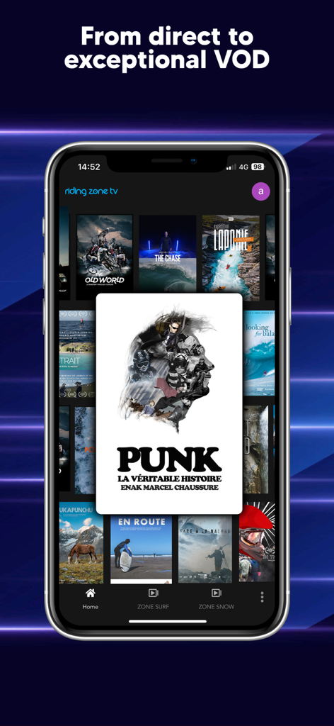 Sportall app screen displaying a collection of extreme sports documentaries and video on demand content