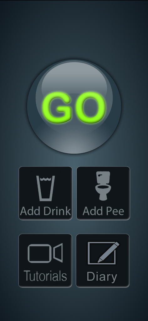 iUFlow- voiding bladder diary - iUFlow app dashboard with buttons to add drinks, log urination, view tutorials and access the bladder diary